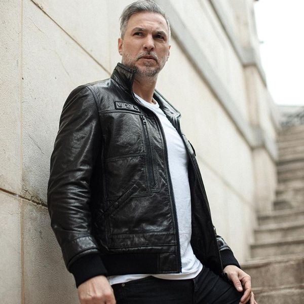 

men's leather & faux casual trend bomber jacket, Black