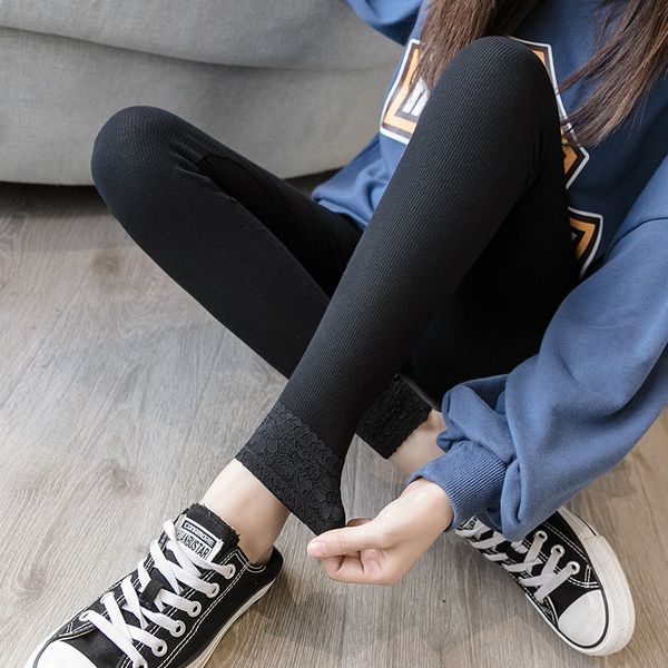 

new autumn and winter high waist slim women wear thread lace leggings, Black