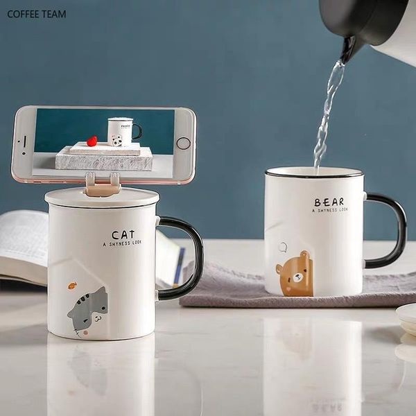 

350ml creative mobile phone holder coffee mug cute cartoon ceramic mugs office cup with lid handle couple student milk juice cup