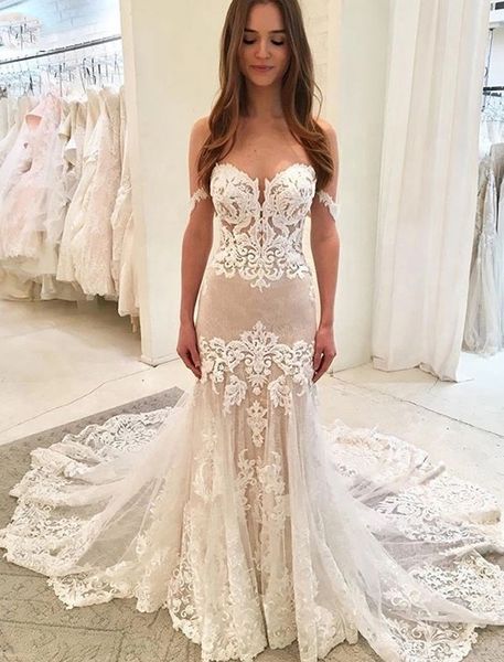 

off the shoulder mermaid wedding dresses lace apppliques cap sleeves tulle court train bridal gowns vestidos de novia, White