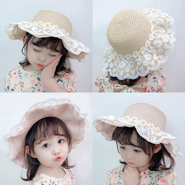 

caps & hats 2021 children sunflowers lace sun cap straw for women toddler kids princess summer sunscreen beach sombreros de mujer, Yellow