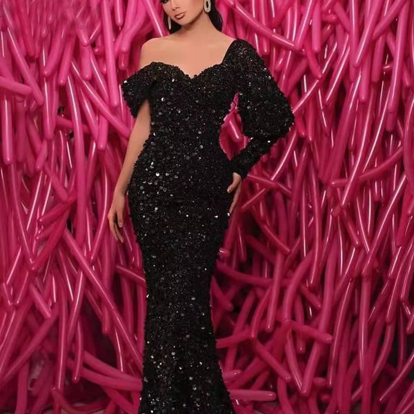

aso ebi 2022 black mermaid sequined evening dresses glitter sparkly long formal party gowns off shoulder one sleeve prom dress custom made r, Black;red