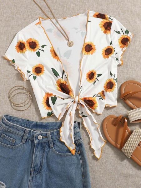 

tie front sunflower print j0pd#, White