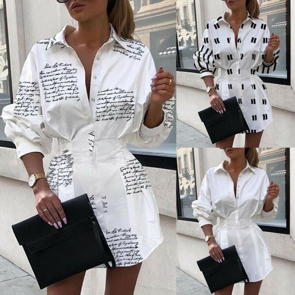 

solid 2019 autumn letter printed white shirt dress women high street fashion party elegant turn-down collar slim waist button, Black;gray