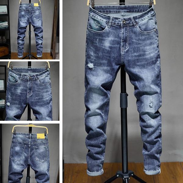 

men's jeans fashion plus size straight personalized ripped, Blue