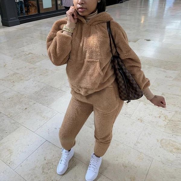 

muyogrt tracksuits casual plush womenpant warm fluffy suits long sleeve hooded sweatshirt hoodie sporty 2 piece set, White