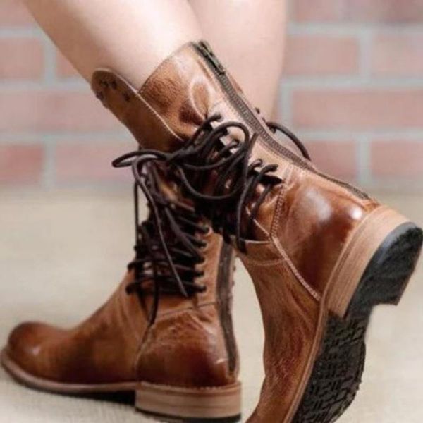

boots retro woman shoes pu leather winter women fashion vintage rivets round toe lace-up mid-calf zipper 43, Black