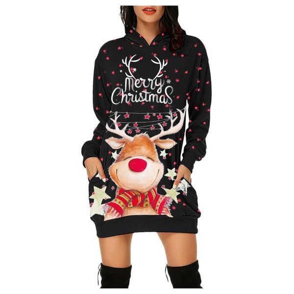 

casual dresses women's fashion merry christmas cartoon prints bag hip pocket long sleeves hoodies sweatshirts dress with pockets #t3g, Black;gray