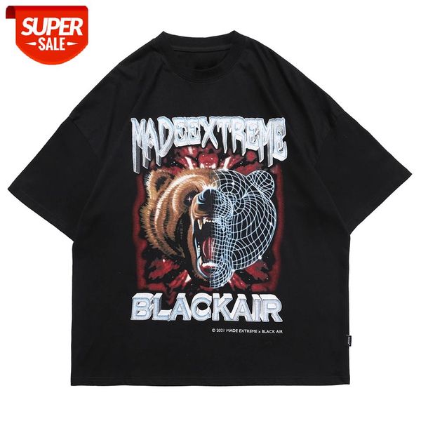 

hip hop t-shirt men 2021 streetwear ferocious bear print harajuku tshirts summer loose short sleeve shirt cotton tees black #in1d, White;black