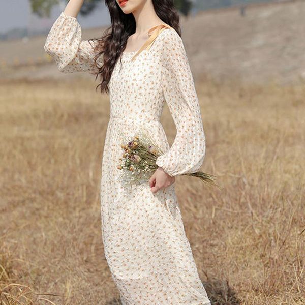 

casual dresses bowknot chiffon dress gentle wind ladies floral square neck puff sleeve mid-length 2021, Black;gray