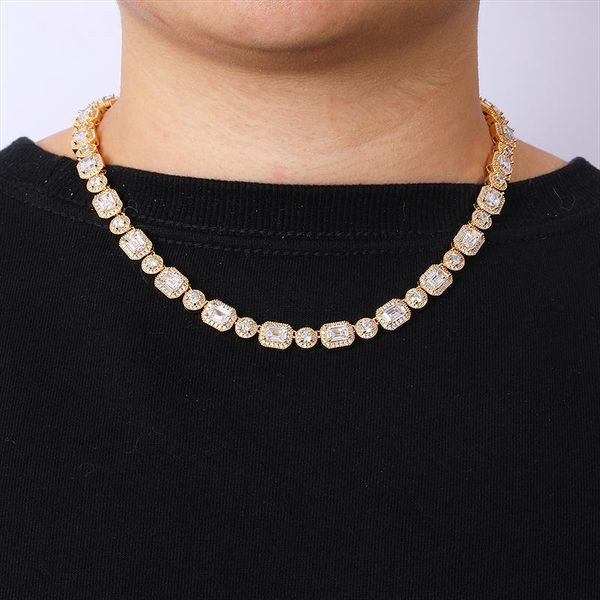 

chains hip hop 9mm iced out tennis chain round box buckle baguette cubic zirconia stones necklace men white gold plated jewelry choker, Silver