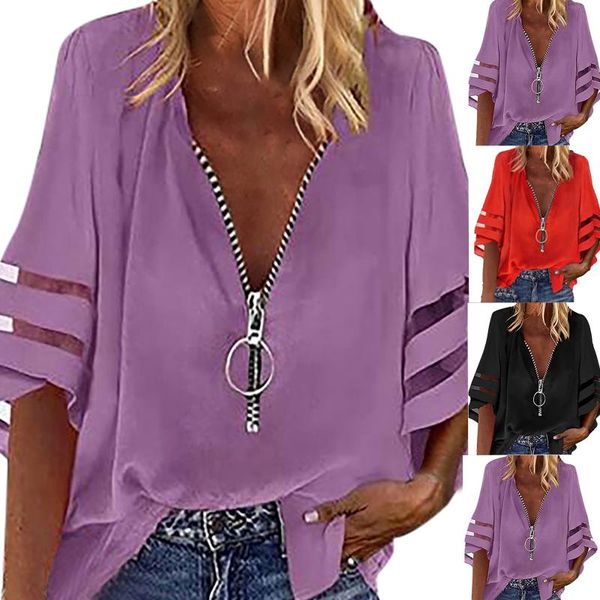 

women's blouses & shirts v-neck bluses for womensolid zip front blouse lantern mesh sleeve loose casual female blusas summer femme, White