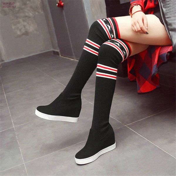 

elastic thigh high trainers women faux suede wedges slip on over the knee boots high heel creepers punk sneakers knitting pumps y0kn#, Black
