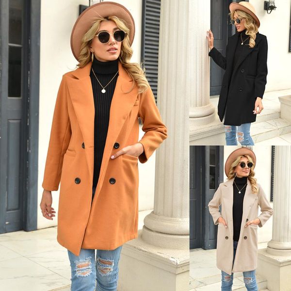 

women's wool & blends autumn and winter long lapel woolen coat, Black