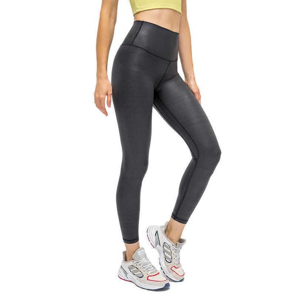 L-031 deri desen bayan tozluklar bronz yoga pantolon yüksek bel ince fit spor fitness taytlar tam uzunlukta egzersiz sporu kıyafetleri