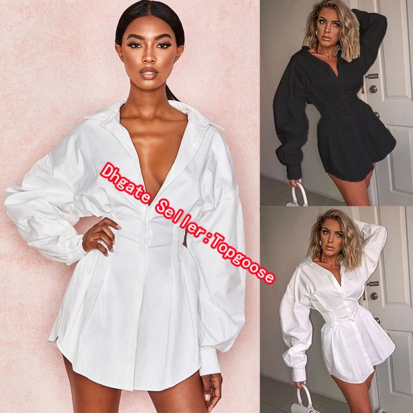 

women's autumn long sleeve solid lapel shirt mini dress casual loose blouse, White