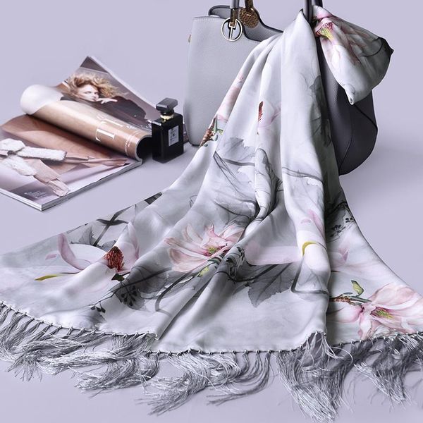 

scarves double-sides tassels 100% silk shawls women luxury lotus print real wraps ladies chinese pure scarf 175x50cm, Blue;gray