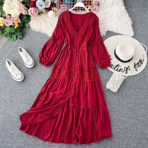 Herbst weiß/rote Stickerei Frauen Langes Kleid elegantes V-Ausschnitt Langarm hoher Taille Big Swing Single Breast Casual Kleider 2020 Y0603