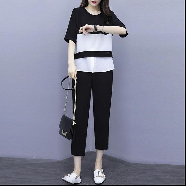 

middle aged women summer causal loose suit half sleeve wide leg pants sets womens chiffon shirt mother tracksuit w238, Gray