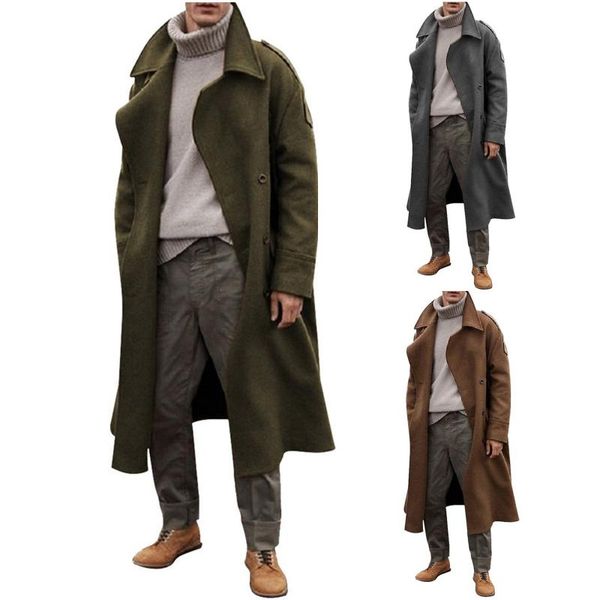 Casacos de Trench Masculinos Retro Misturas Casaco de Inverno Homens Longo Casual Marrom Quente Lã Streetwear Jaqueta Outerwear 2021