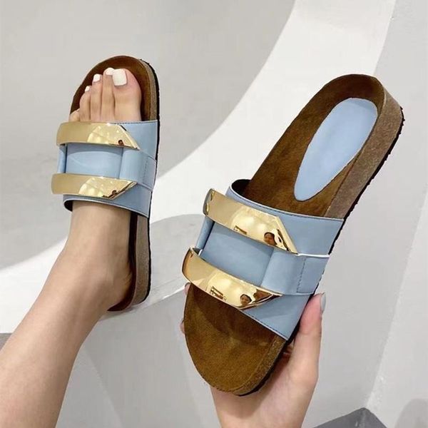

slippers outside beach style open round toe breathable with metal decoration summer women shoes sandal flat slides, Black