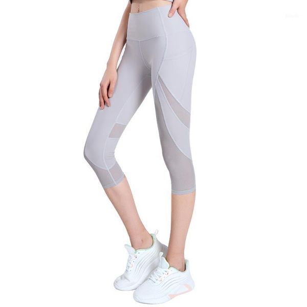 

yoga outfit high waist gym leggings with pocket nylon mesh splice stretch slim capris running pants woman workout for fitness