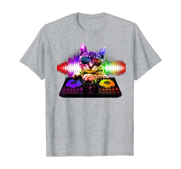 

rainbow dj cat t-shirt, White;black