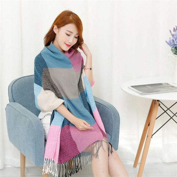 

new korean plaid cashmere like women's super large shawl dual purpose autumn and winter air conditioning warm tassel scarf, Blue;gray