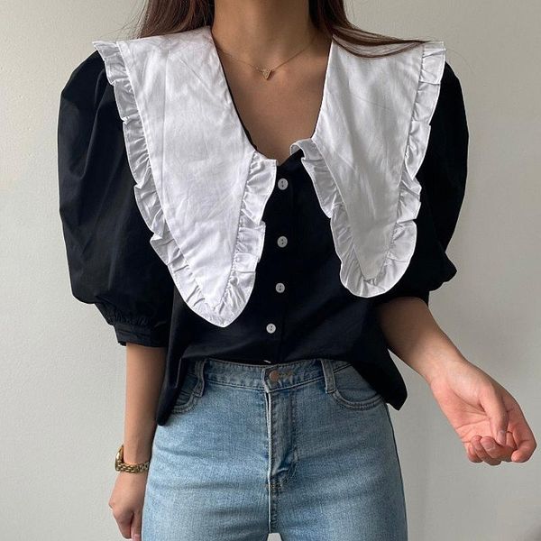 

women's blouses & shirts lace doll collar puff sleeve shirt blouse, White
