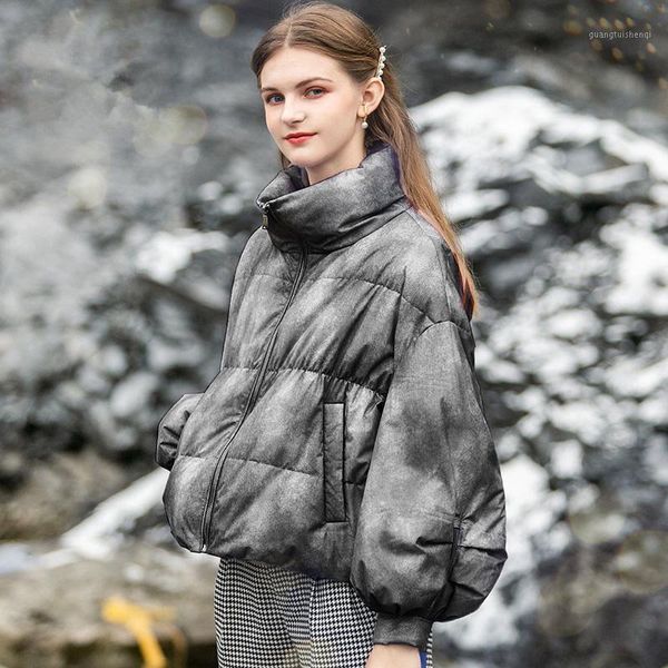 

winter style loose purple puff sleeve fashion cloak tide zipockets female warm elegant printper vintage women's down & parkas, Black