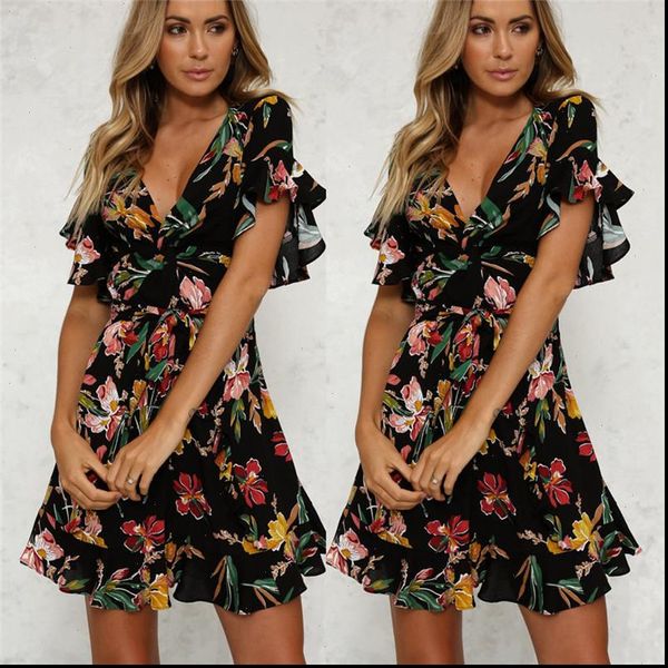 

womens summer dresses boho floral printed beach dress lady flowers flare sleeve v neck sundress high waist bow belt swing dress, Black;gray