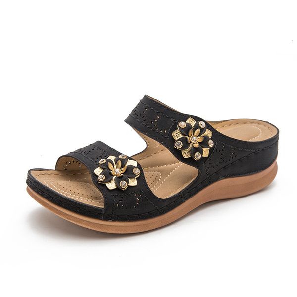 

41 large size women wedges shoes female slippers rivete flower slides jqf5, Black