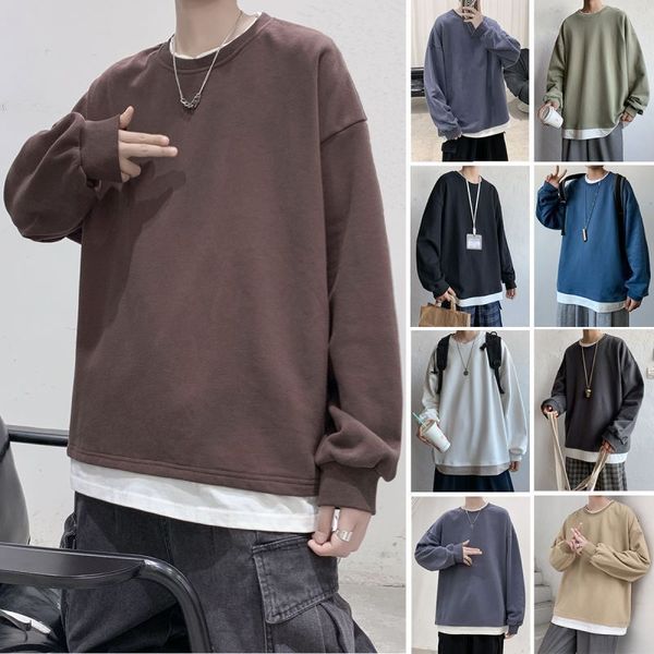 

mens sweater spring and autumn holiday two piece sweater men's long sleeve stitching ins korean fashion versatile loose round neck pull, Black