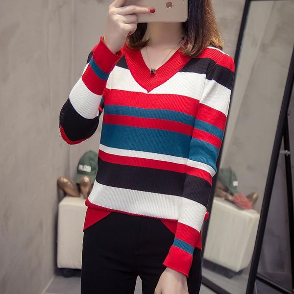 

women's sweaters 2021 plus size women v-neck stripe knit, White;black