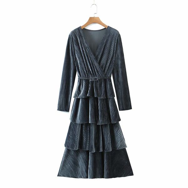 

2021 new winter party woman long sleeve v-neck cascading ruffles midi club wear kw4s, White