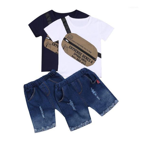 

clothing sets 2 pcs infant kids boy casual suit round neck short sleeve messenger bag print t-shirt loose ripped jeans, daily life11, White