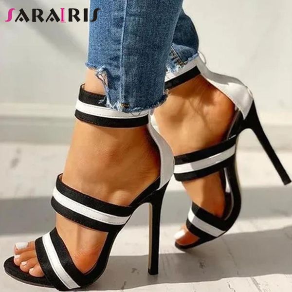 

sandals sarairis brand design ladies party vacation daily striped thin high heels women 2021 summer shoes, Black