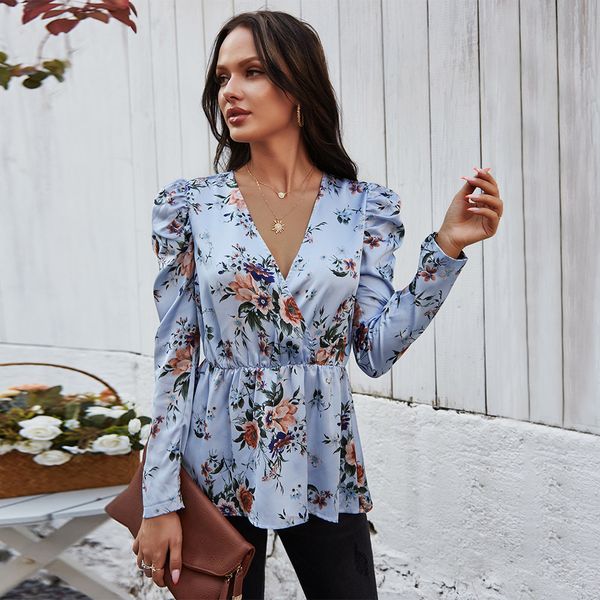 

casual spring summer 2021 v-neck floral printed women's new arrival fashion sleeve blouse femme blusas iigc, White