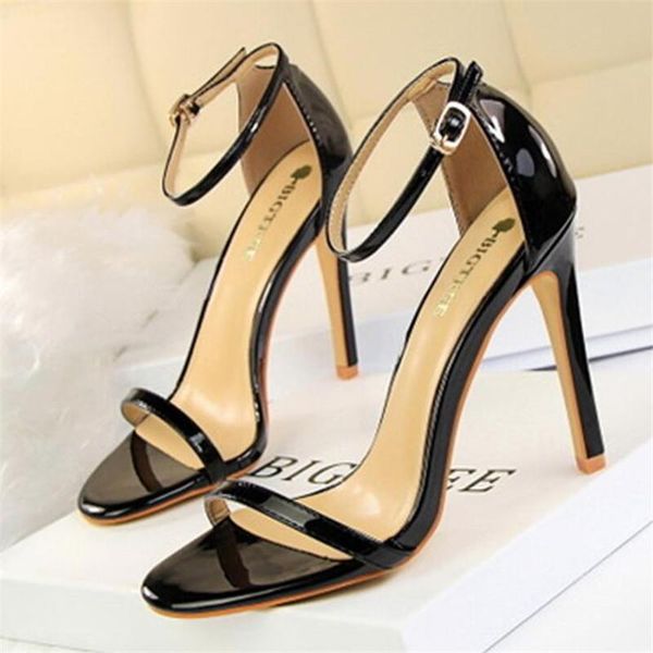 

dress shoes sandals multicolor pu leather stiletto heel ankle strap summer fashion open toe buckle party size 34-40 stilettos, Black
