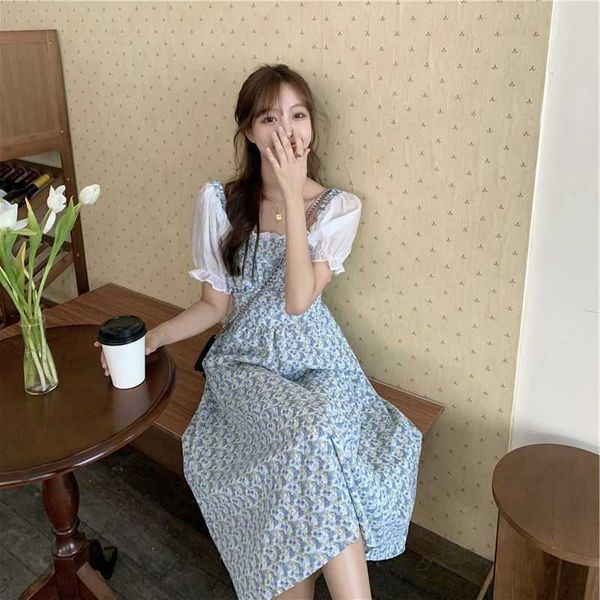 

women's drs 2021 summer drs french gentle style slim cut flower square collar bubble sleeve mid long skirt zichao, Black;gray