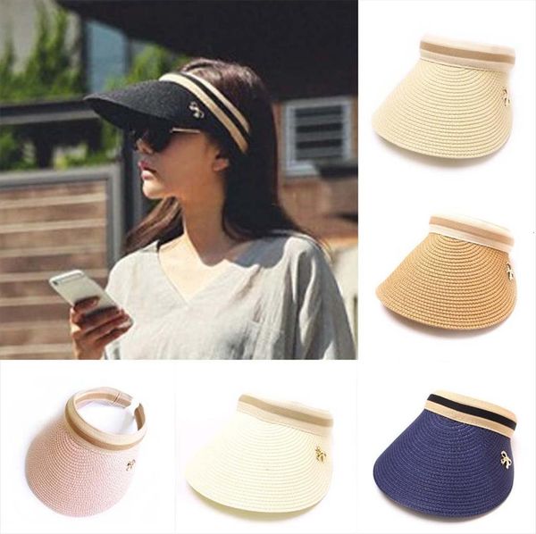 

women hat summer visors foldable sun wide large brim beach hats straw chapeau femme uv protection cap 7.6, Blue;gray