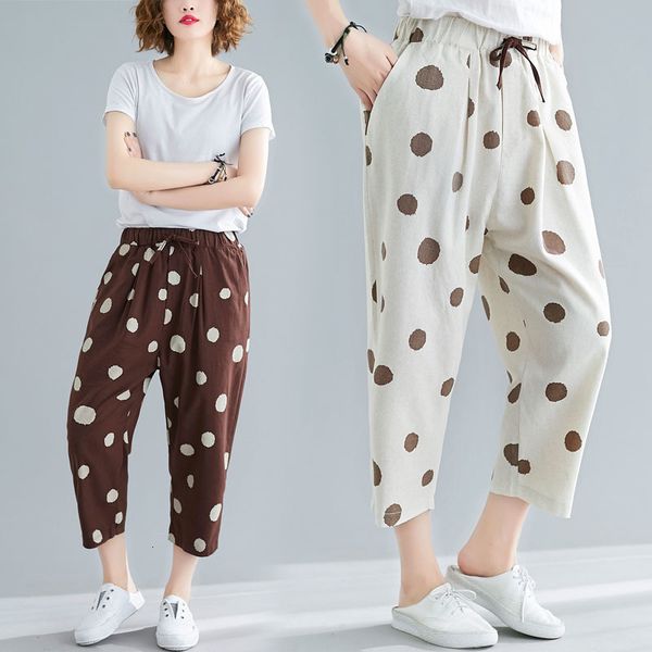 

2021 new cotton linen dot point print summer casual loose elegant women pencil pants plus size elastic waist female harem es wtor, Black;white