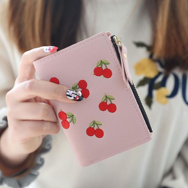 

fashion women short wallet small zipper purse cherry embroidery coin cute simple card holders lady girl mini money bag, Red;black