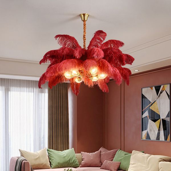 Moderne LED-Feder-Kronleuchter-Lampe für Wohnzimmer, luxuriöses kreatives Design, Hängelampe für Innenräume, Heimdekoration, Kupfer-Leuchten
