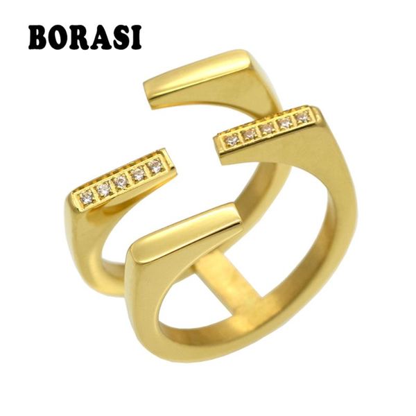 

wedding rings gold color unique geometric design cz ring female stainless steel paved austrian crystal fashion women jewelry gift, Slivery;golden
