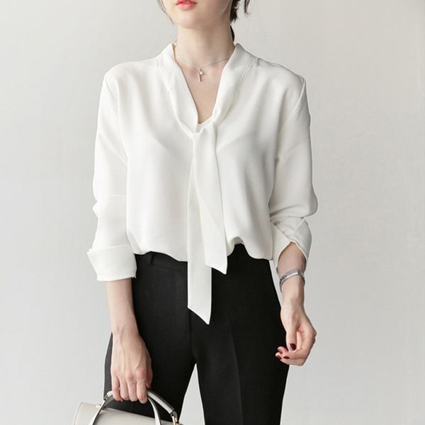 

women's knits & tees bow ribbon chiffon shirt women pure color stylish elegant sweet casual office commute 2021 summer new product, White