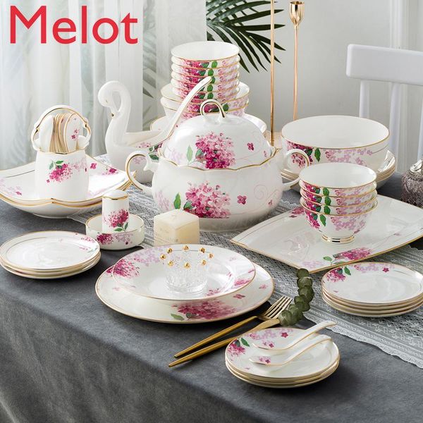 

jingdezhen ceramic tableware chinese bone china bowl, plate and chopsticks combination household golden border bowl and dish set