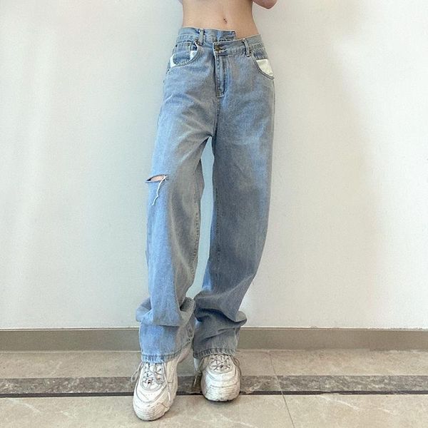 

women's jeans womens distressed ripped casual high waist loose wide leg straight trousers hollow pants pantalones vaqueros mujer k134, Blue