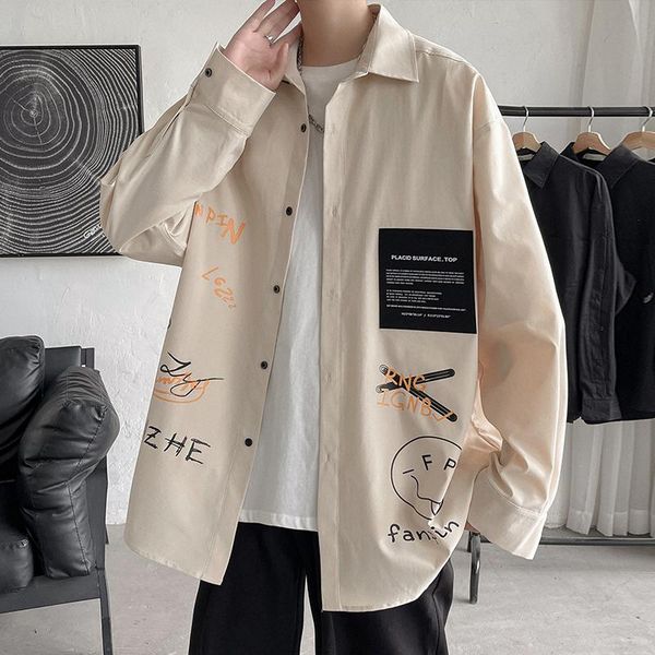 

men's casual shirts spring autumn shirt long sleeve graffiti oversized men korean style fashion harajuku clothing streetwear, White;black