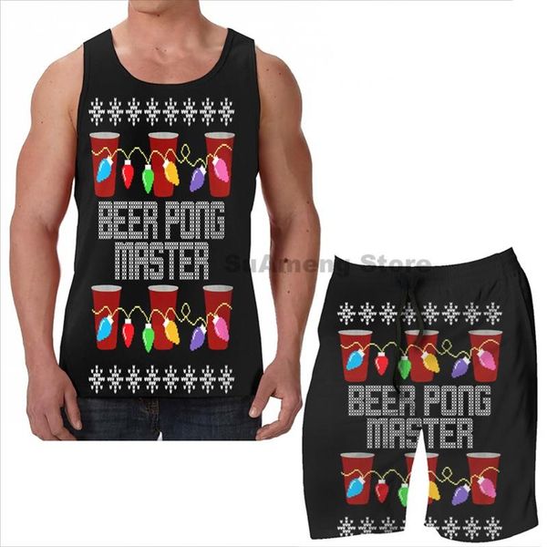 

men's tracksuits summer funny print men tank women beer pong master ugly christmas sweater beach shorts sets fitness vest, Gray